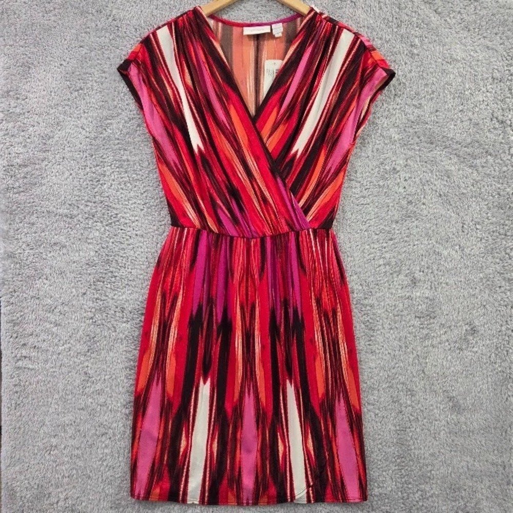 Chico's Summer Escape Tiffany Dress Small Pink Ikat Print Surplice Knee Length